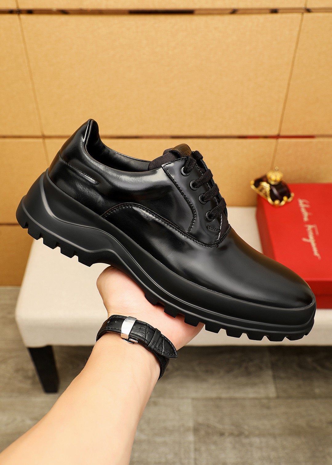 Ferragamo Black Lug-Sole Lace-Up Shoes