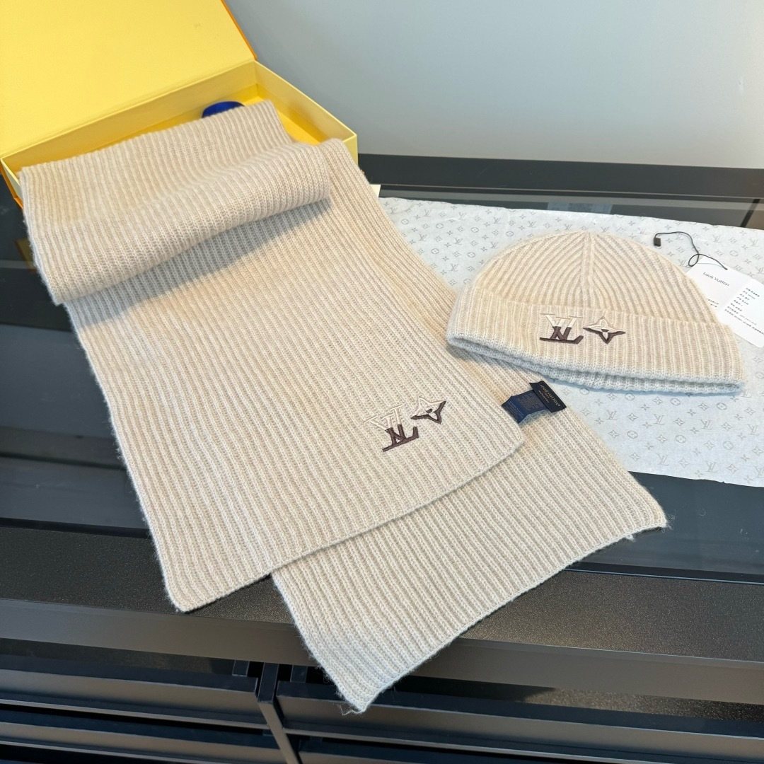 Louis Vuitton Cream Beige Beanie & Scarf Set