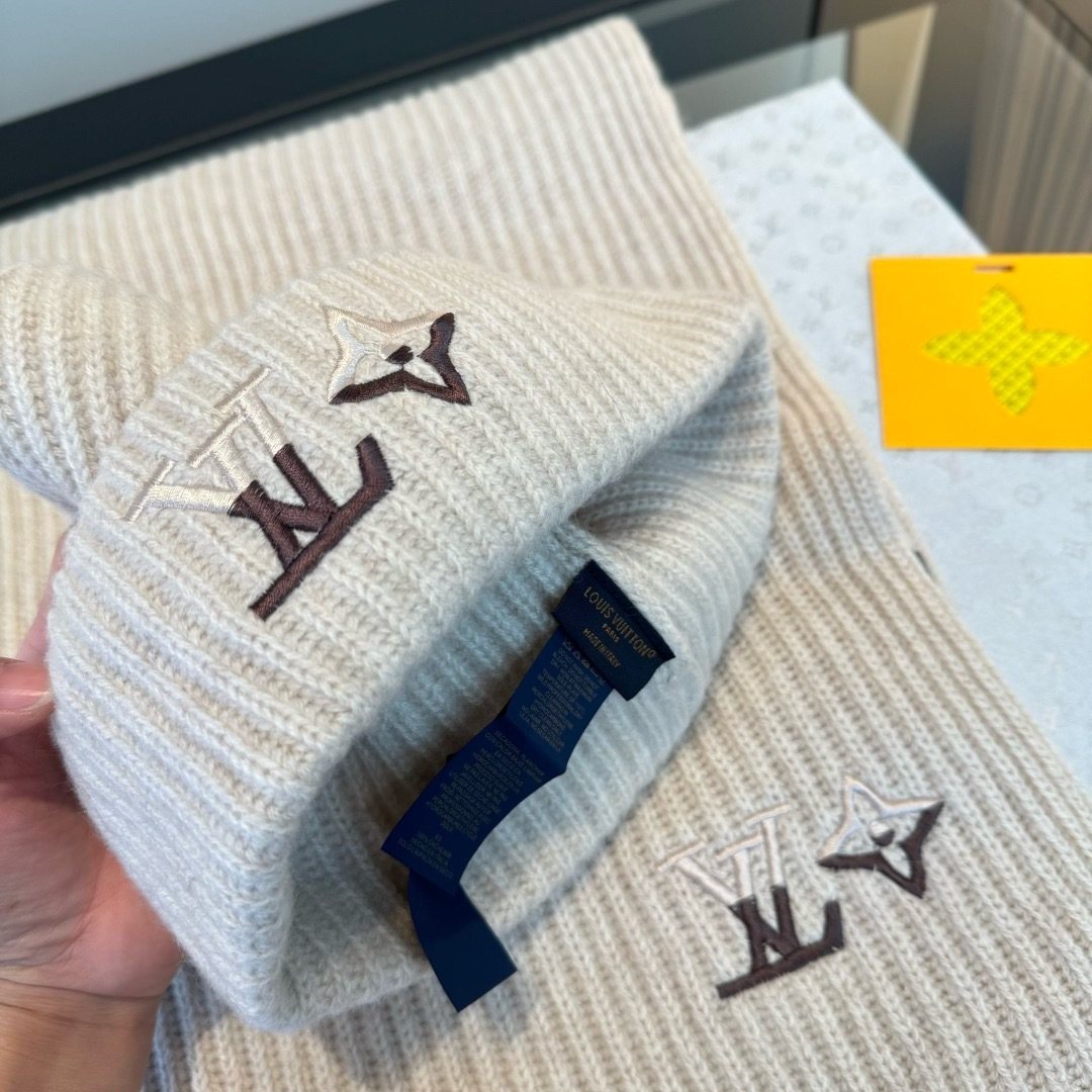 Louis Vuitton Cream Beige Beanie & Scarf Set