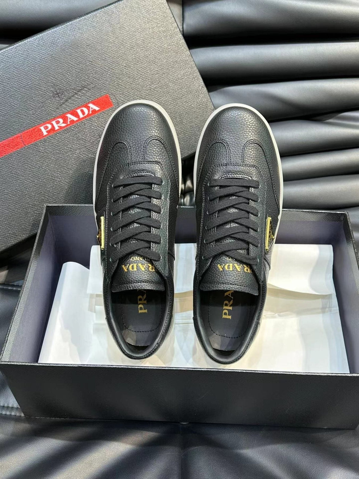 Prada Men's Black Leather-Look Low-Top Sneakers