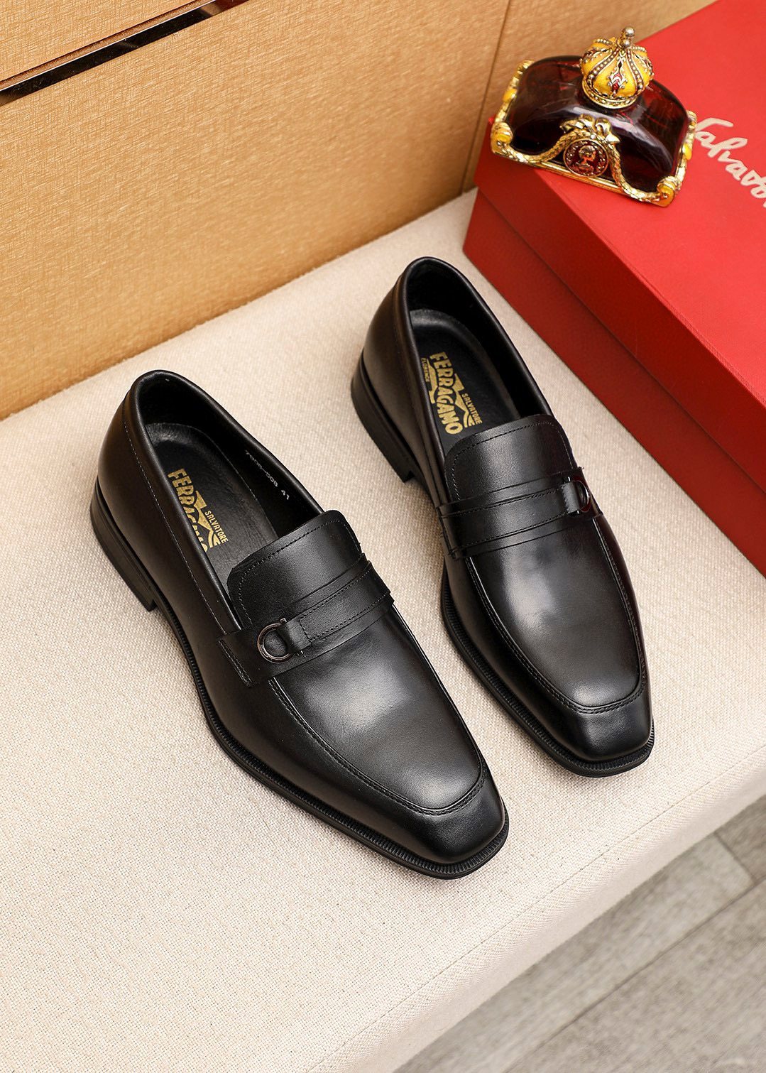 Ferragamo Men's Black Buckle Loafers - Vamp Strap With Metal Buckle Detail